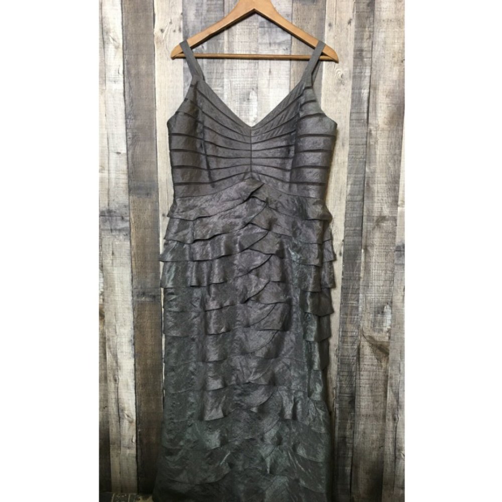 Adrianna Papell Gray Scalloped Maxi Gown Dress